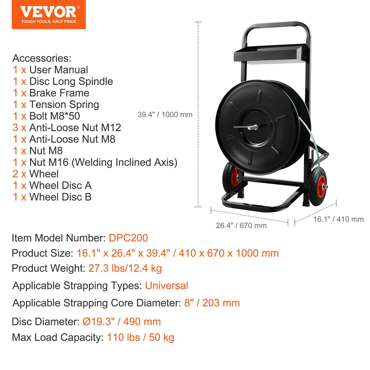 VEVOR Banding Strapping Cart, for PET/PP/Fiber Strapping Coils with 8" Core Size, Heavy Duty Strapping Dispenser, Equipped with Anti-Retreat Pulleys, Upgrade Brake System, Spacious Tray for Tools - BZKZCKZCTYX8IOD3WV0 - view 8