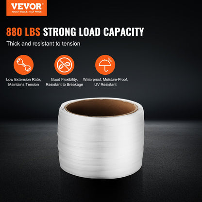 VEVOR Packaging Woven Cord Strapping Roll, 660' Length x 1/2" Width x 0.03" Thickness, 882 lbs Breaking Strength, Heavy Duty Banding Pallet Strap Coil, Portable Strong Banding Packing Straps, White - BZKZDBZD12YCK5QPAV0 - view 3