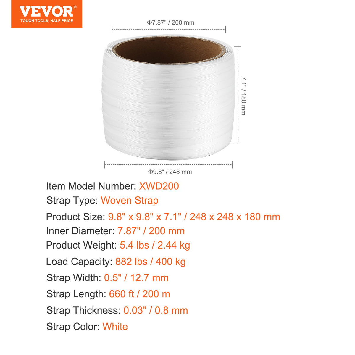 VEVOR Packaging Woven Cord Strapping Roll, 660' Length x 1/2" Width x 0.03" Thickness, 882 lbs Breaking Strength, Heavy Duty Banding Pallet Strap Coil, Portable Strong Banding Packing Straps, White - BZKZDBZD12YCK5QPAV0 - view 8