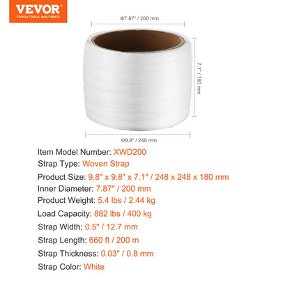 VEVOR Packaging Woven Cord Strapping Roll, 660' Length x 1/2" Width x 0.03" Thickness, 882 lbs Breaking Strength, Heavy Duty Banding Pallet Strap Coil, Portable Strong Banding Packing Straps, White - BZKZDBZD12YCK5QPAV0 - view 8