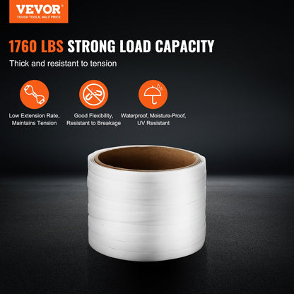 VEVOR Packaging Woven Cord Strapping Roll, 330' Length x 3/4" Width x 0.03" Thickness, 1763 lbs Break Strength, Heavy Duty Banding Pallet Strap Coil, Portable Strong Banding Packing Straps, White - BZKZDBZD34YCAOIAYV0 - view 3