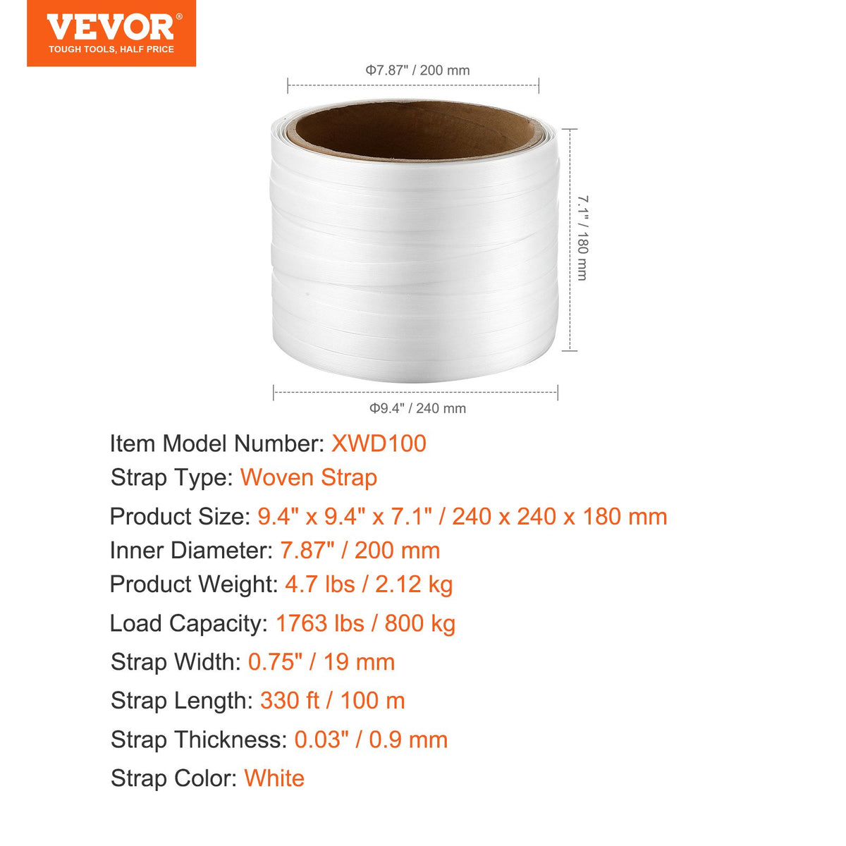 VEVOR Packaging Woven Cord Strapping Roll, 330' Length x 3/4" Width x 0.03" Thickness, 1763 lbs Break Strength, Heavy Duty Banding Pallet Strap Coil, Portable Strong Banding Packing Straps, White - BZKZDBZD34YCAOIAYV0 - view 8