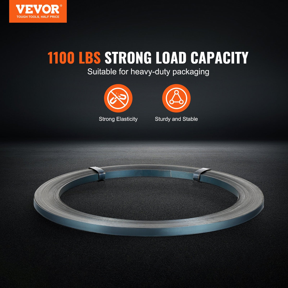 VEVOR Packaging Steel Strapping Roll, 330' Length x 1/2" Width x 0.016" Thickness, 1100 lbs Break Strength, Heavy Duty Banding Pallet Strap Coil, Portable Strong Banding Packing Metal Straps, Black - BZKZDGD12YC3N0L4FV0 - view 3