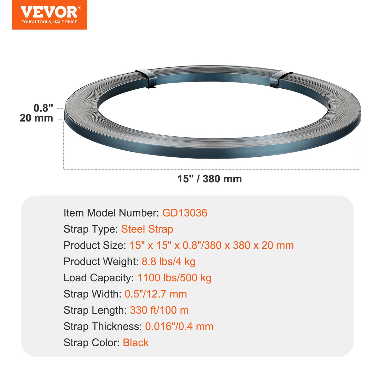 VEVOR Packaging Steel Strapping Roll, 330' Length x 1/2" Width x 0.016" Thickness, 1100 lbs Break Strength, Heavy Duty Banding Pallet Strap Coil, Portable Strong Banding Packing Metal Straps, Black - BZKZDGD12YC3N0L4FV0 - view 8
