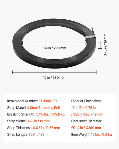 VEVOR Steel Strapping Coil, 3/4 in x 0.02 in x 300 ft, Metal Strapping Banding Roll Withstands Harsh Environment, 1710 lbs Break Strength, Heavy Duty Banding Pallet Strap Coil for Pallet Packing - BZKZDGD34INCA7655001V0 - view 8