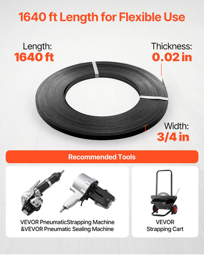 VEVOR Steel Strapping Coil, 3/4 in x 0.02 in x 1640 ft, Metal Strapping Banding Roll Withstands Harsh Environment, 1700 lbs Break Strength, Heavy Duty Banding Pallet Strap Coil for Pallet Packing - BZKZDGD34YC17YHGV002V0 - view 5