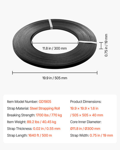 VEVOR Steel Strapping Coil, 3/4 in x 0.02 in x 1640 ft, Metal Strapping Banding Roll Withstands Harsh Environment, 1700 lbs Break Strength, Heavy Duty Banding Pallet Strap Coil for Pallet Packing - BZKZDGD34YC17YHGV002V0 - view 8