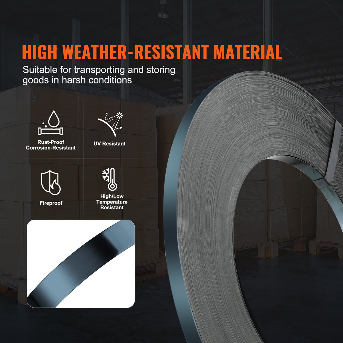 VEVOR Packaging Steel Strapping Roll, 1640' Length x 3/4" Width x 0.02" Thickness, 1700 lbs Break Strength, Heavy Duty Banding Pallet Strap Coil, Portable Strong Banding Packing Metal Straps, Black - BZKZDGD34YC17YHGVV0 - view 4