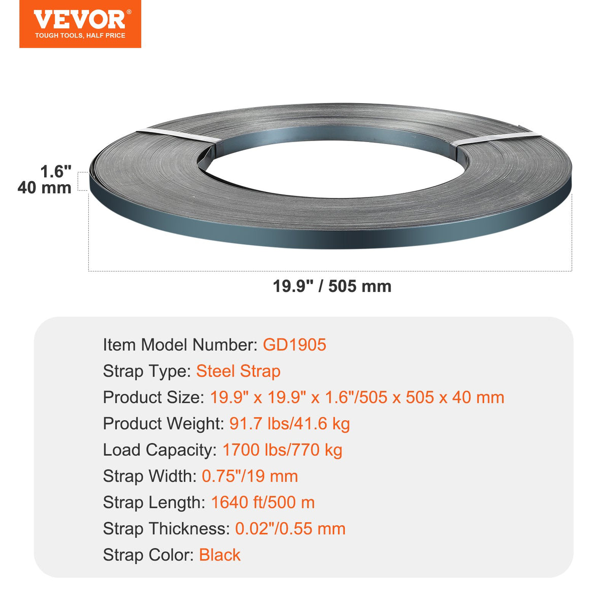 VEVOR Packaging Steel Strapping Roll, 1640' Length x 3/4" Width x 0.02" Thickness, 1700 lbs Break Strength, Heavy Duty Banding Pallet Strap Coil, Portable Strong Banding Packing Metal Straps, Black - BZKZDGD34YC17YHGVV0 - view 8