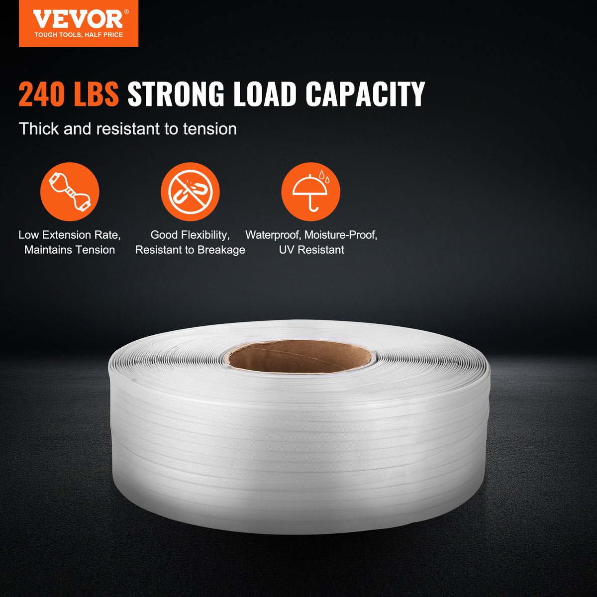 VEVOR Packaging Polypropylene (PP) Strapping Roll, 9900' Length x 1/2" Width x 0.03" Thickness, 243 lbs Break Strength, Heavy Duty Banding Pallet Strap Coil, Portable Strong Packing Straps, White - BZKZDKZDPP12KLL77V0 - view 3