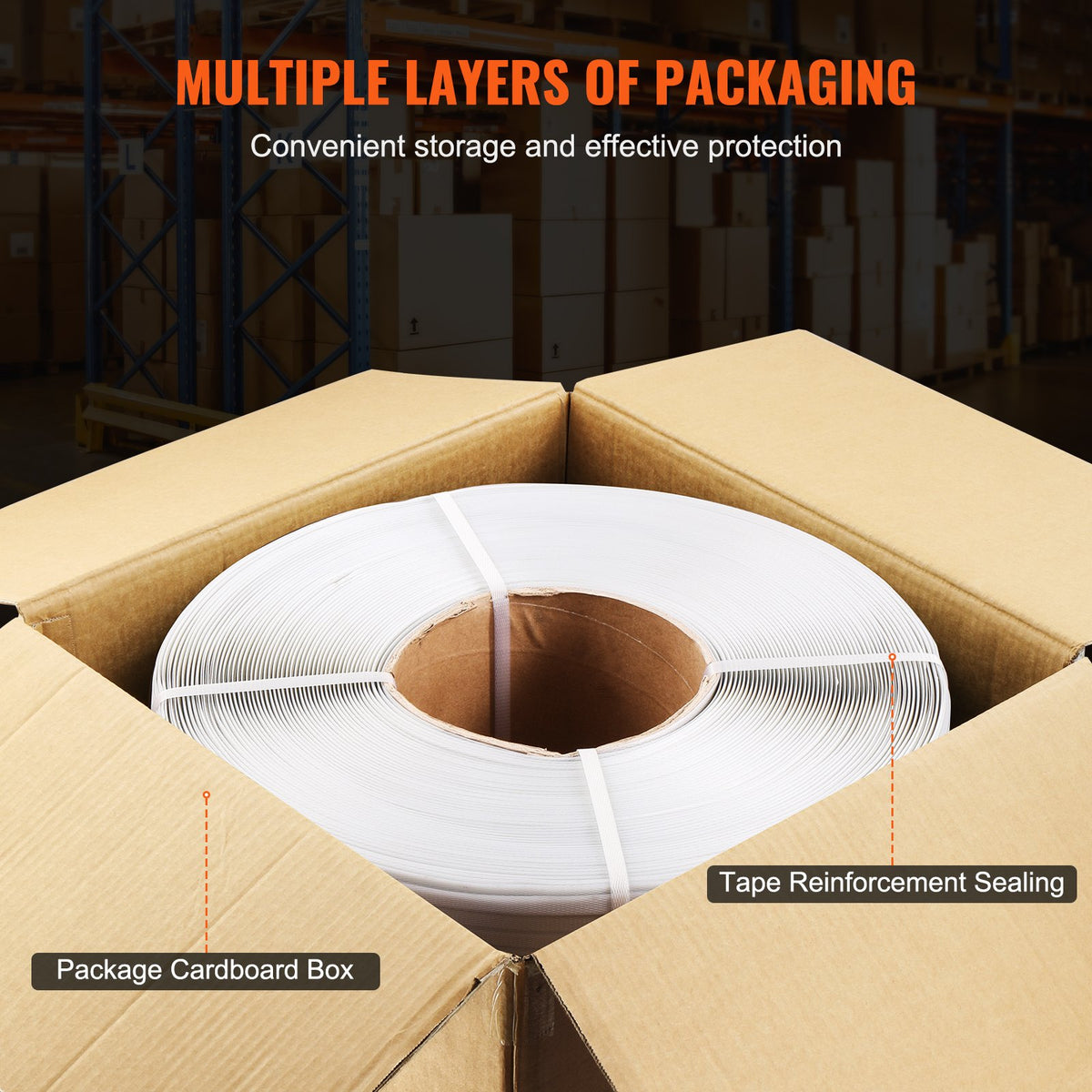 VEVOR Packaging Polypropylene (PP) Strapping Roll, 9900' Length x 1/2" Width x 0.03" Thickness, 243 lbs Break Strength, Heavy Duty Banding Pallet Strap Coil, Portable Strong Packing Straps, White - BZKZDKZDPP12KLL77V0 - view 7