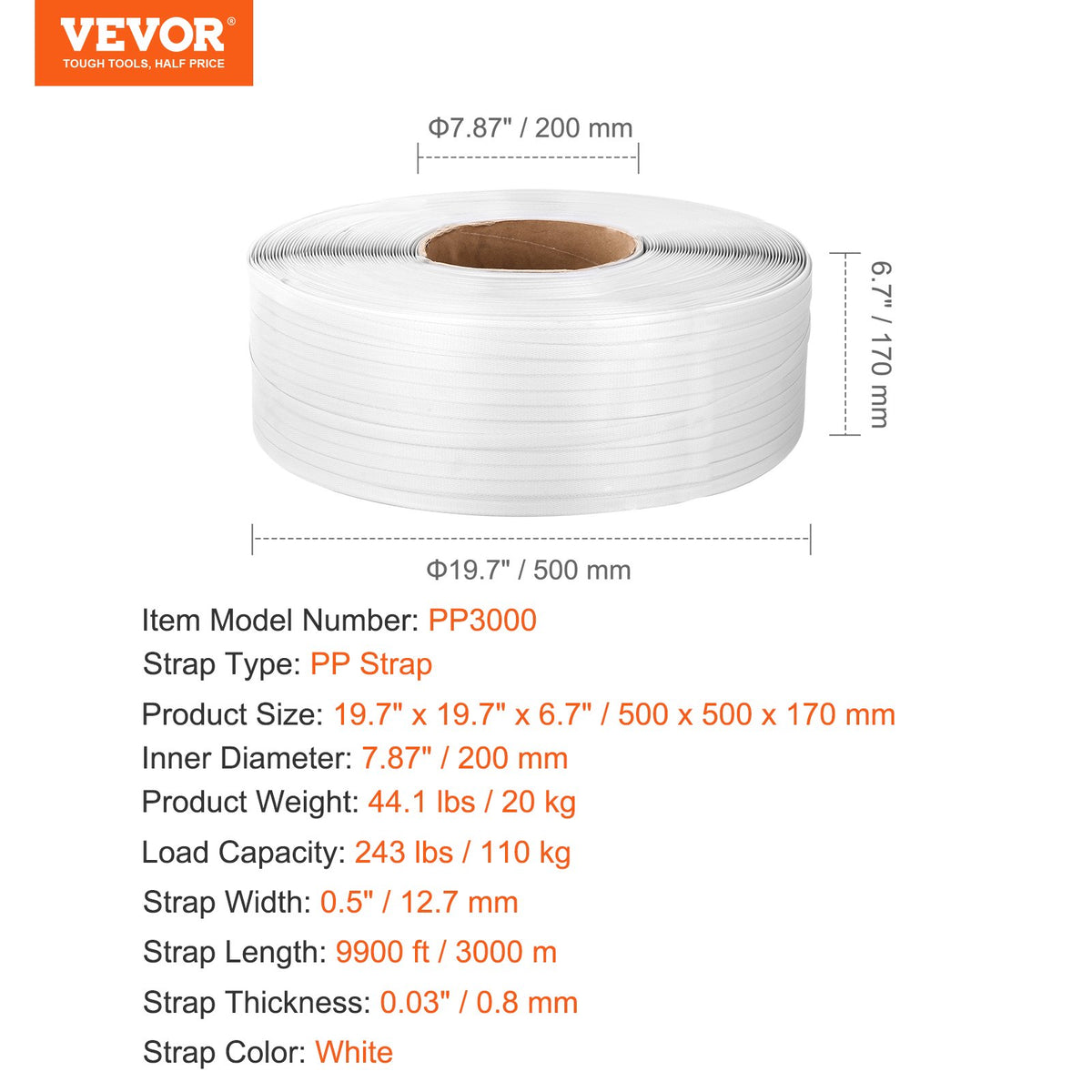 VEVOR Packaging Polypropylene (PP) Strapping Roll, 9900' Length x 1/2" Width x 0.03" Thickness, 243 lbs Break Strength, Heavy Duty Banding Pallet Strap Coil, Portable Strong Packing Straps, White - BZKZDKZDPP12KLL77V0 - view 8