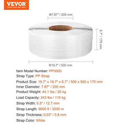 VEVOR Packaging Polypropylene (PP) Strapping Roll, 9900' Length x 1/2" Width x 0.03" Thickness, 243 lbs Break Strength, Heavy Duty Banding Pallet Strap Coil, Portable Strong Packing Straps, White - BZKZDKZDPP12KLL77V0 - view 8