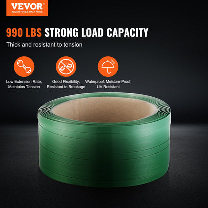 VEVOR Packaging Polyester PET Strapping Roll, 1000' Length x 0.63" Width x 0.03" Thickness, 992 lbs Break Strength, Heavy Duty Banding Pallet Strap Coil, Portable Strong Banding Packing Straps, Green - BZKZDPET58YC0MM33V0 - view 3