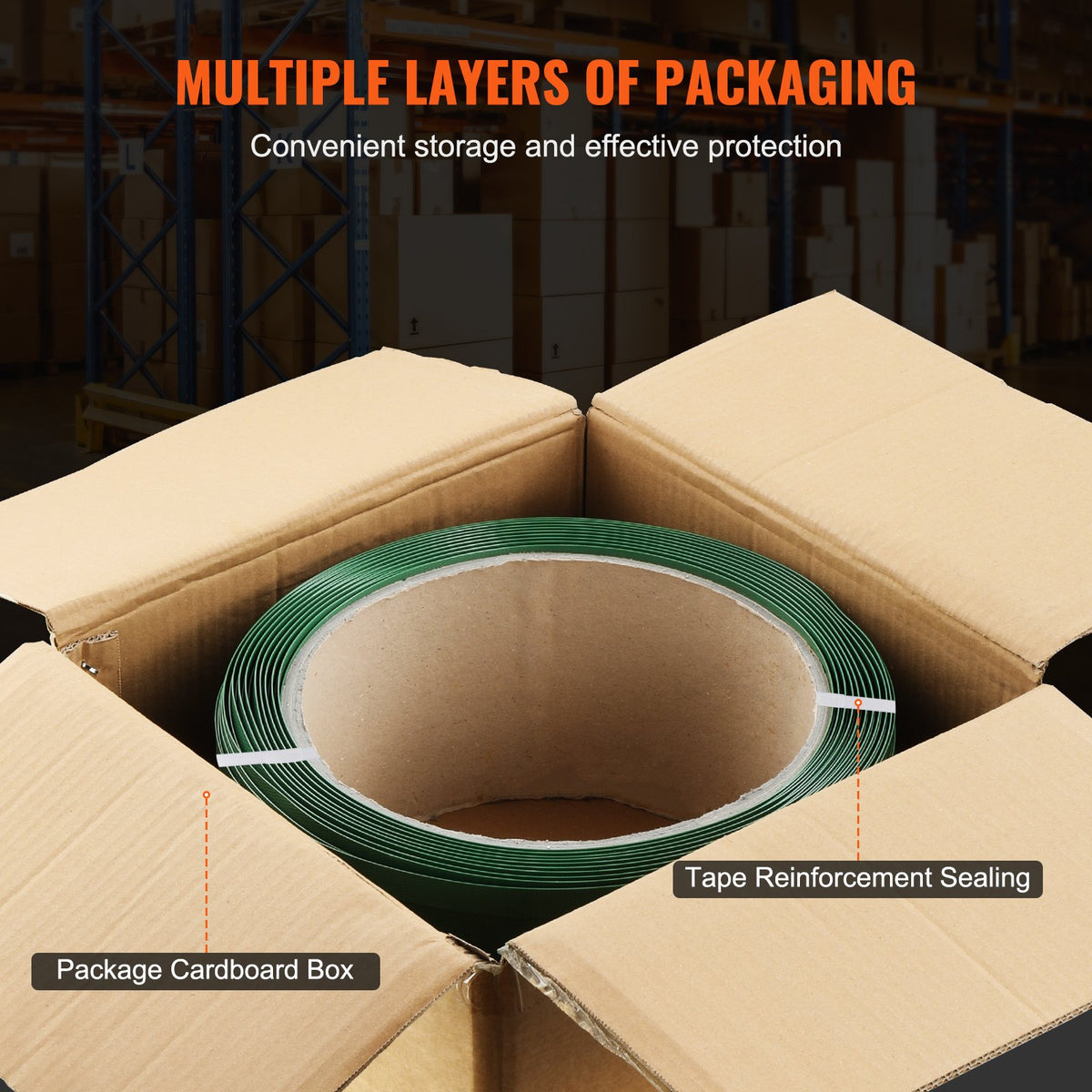 VEVOR Packaging Polyester PET Strapping Roll, 1000' Length x 0.63" Width x 0.03" Thickness, 992 lbs Break Strength, Heavy Duty Banding Pallet Strap Coil, Portable Strong Banding Packing Straps, Green - BZKZDPET58YC0MM33V0 - view 7