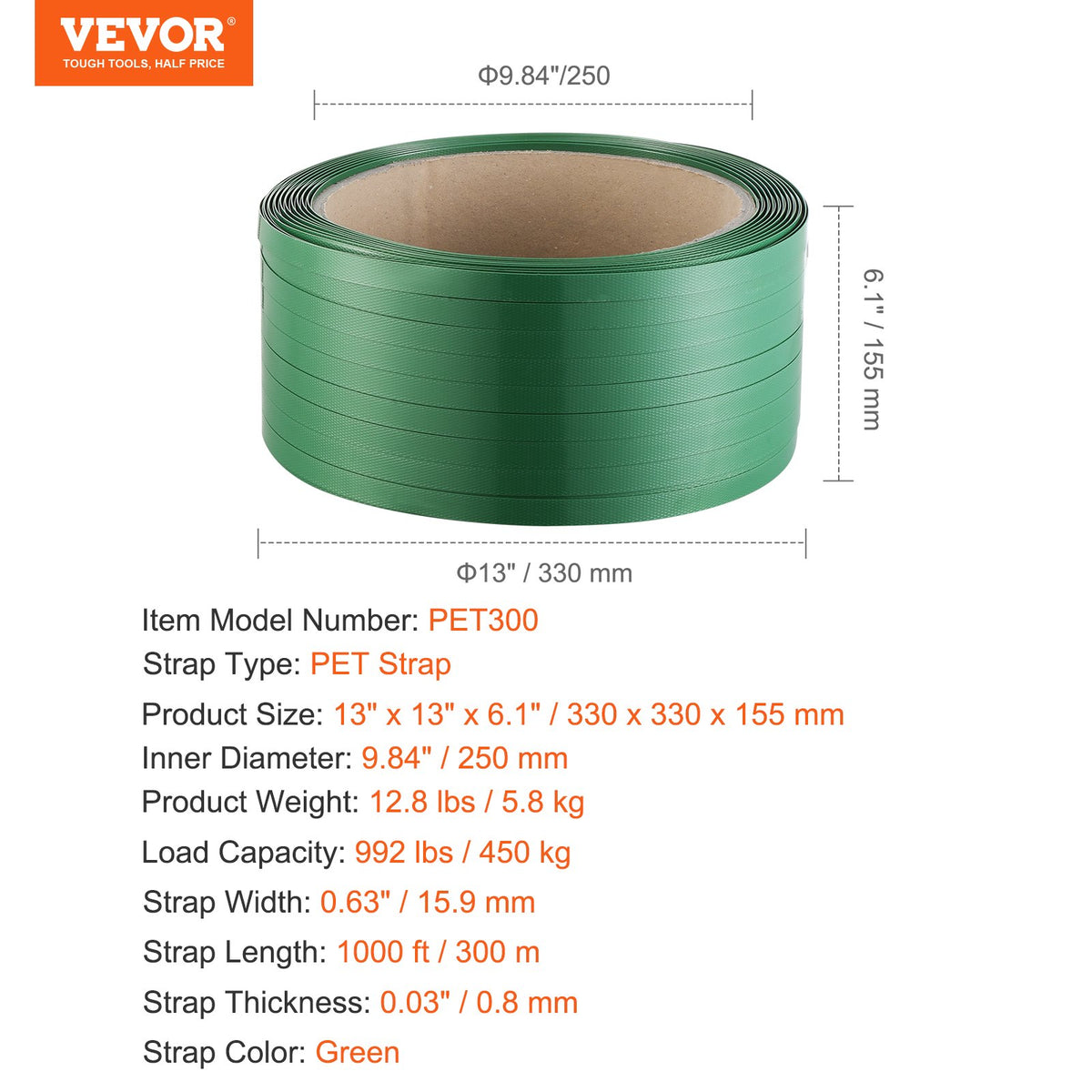 VEVOR Packaging Polyester PET Strapping Roll, 1000' Length x 0.63" Width x 0.03" Thickness, 992 lbs Break Strength, Heavy Duty Banding Pallet Strap Coil, Portable Strong Banding Packing Straps, Green - BZKZDPET58YC0MM33V0 - view 8