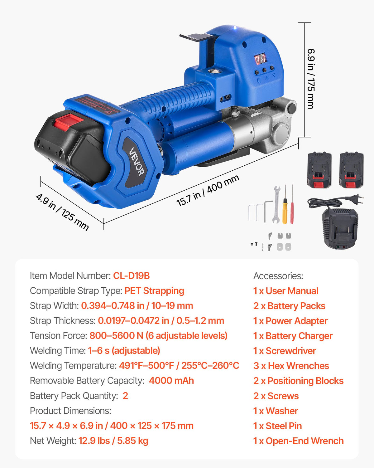 VEVOR Electric Strapping Machine, 2 x 4000mAh Batteries, Automatic Strapping Tool with Digital Display for 0.394-0.748 inches Wide PET Straps, Handheld Banding Tools for Packaging Box Pallet - BZKZJDDZD5003HFSJ001V1 - view 8