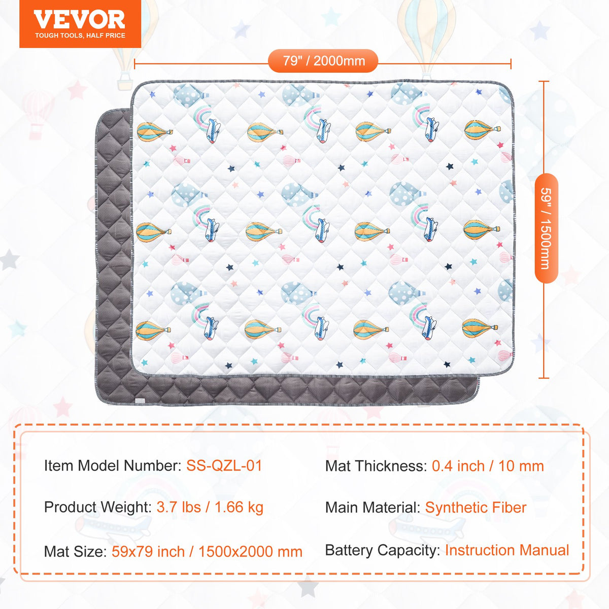 VEVOR Baby Play Mat, 59""x79"" Baby Crawling Mat, Non-Slip One-Piece Soft Baby Playmat, Foldable Floor Mat, Waterproof Activity Playmats for Babies,Toddlers, Infants, Machine Washable, Play & Tummy Time - BZPXD04YC597NR4MYV0 - view 8