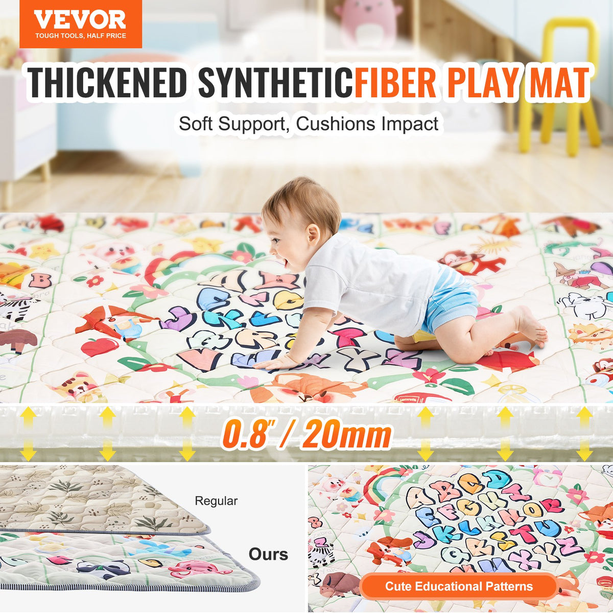 VEVOR Baby Play Mat, 50""x50"" Baby Crawling Mat, Non-Slip One-Piece Thickened Soft Baby Playmat, Foldable Rollable Floor Mat, Waterproof Activity Playmats for Babies,Toddlers, Infants, Machine Washable - BZPXDBZ08YC59FMFIV0 - view 3
