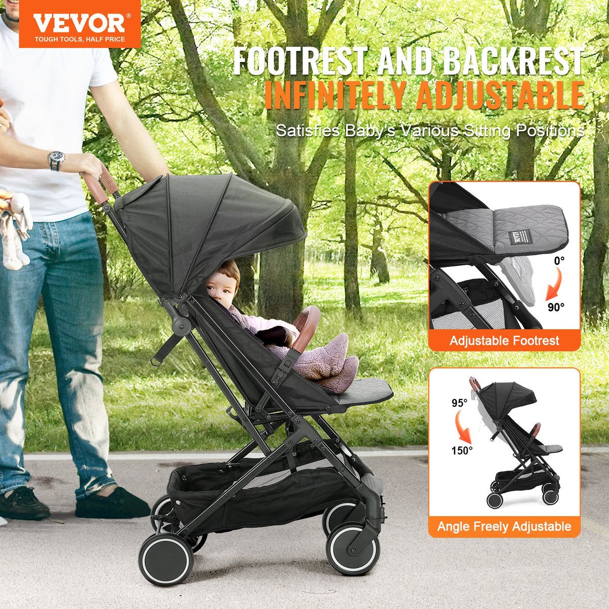 VEVOR Standard Baby Infant Stroller, Toddler Stroller with 95°-150° Adjustable Backrest & & 0/90°Adjustable Footrest & One-click Folding, Newborn Stroller with Cup Holder and Carry Bag, Black - BZYETCZYJCKH5DWWBV0 - view 3