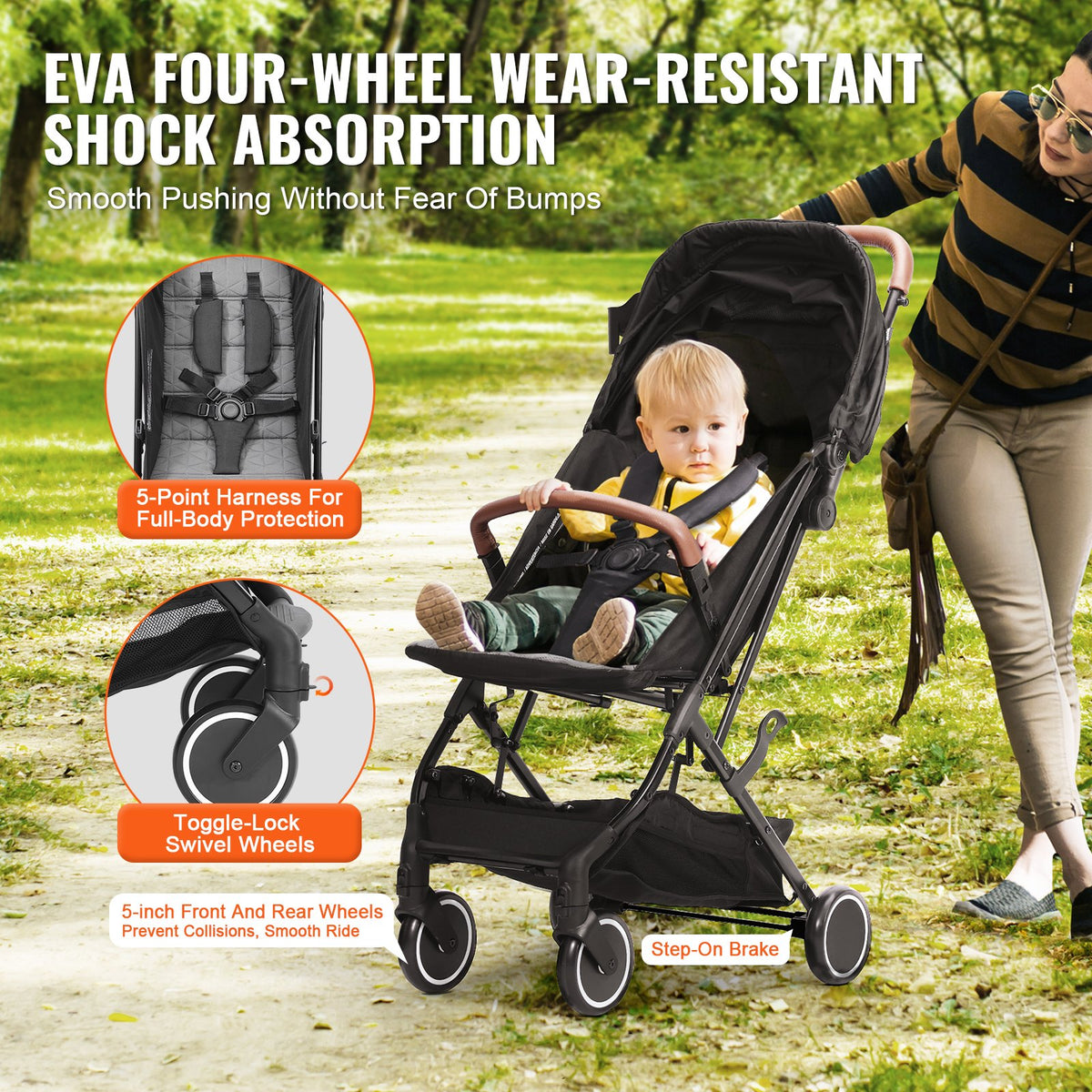 VEVOR Standard Baby Infant Stroller, Toddler Stroller with 95°-150° Adjustable Backrest & & 0/90°Adjustable Footrest & One-click Folding, Newborn Stroller with Cup Holder and Carry Bag, Black - BZYETCZYJCKH5DWWBV0 - view 5