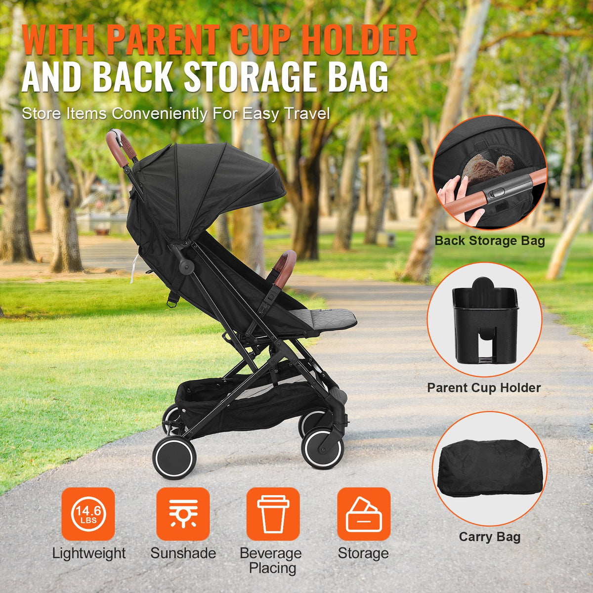 VEVOR Standard Baby Infant Stroller, Toddler Stroller with 95°-150° Adjustable Backrest & & 0/90°Adjustable Footrest & One-click Folding, Newborn Stroller with Cup Holder and Carry Bag, Black - BZYETCZYJCKH5DWWBV0 - view 7