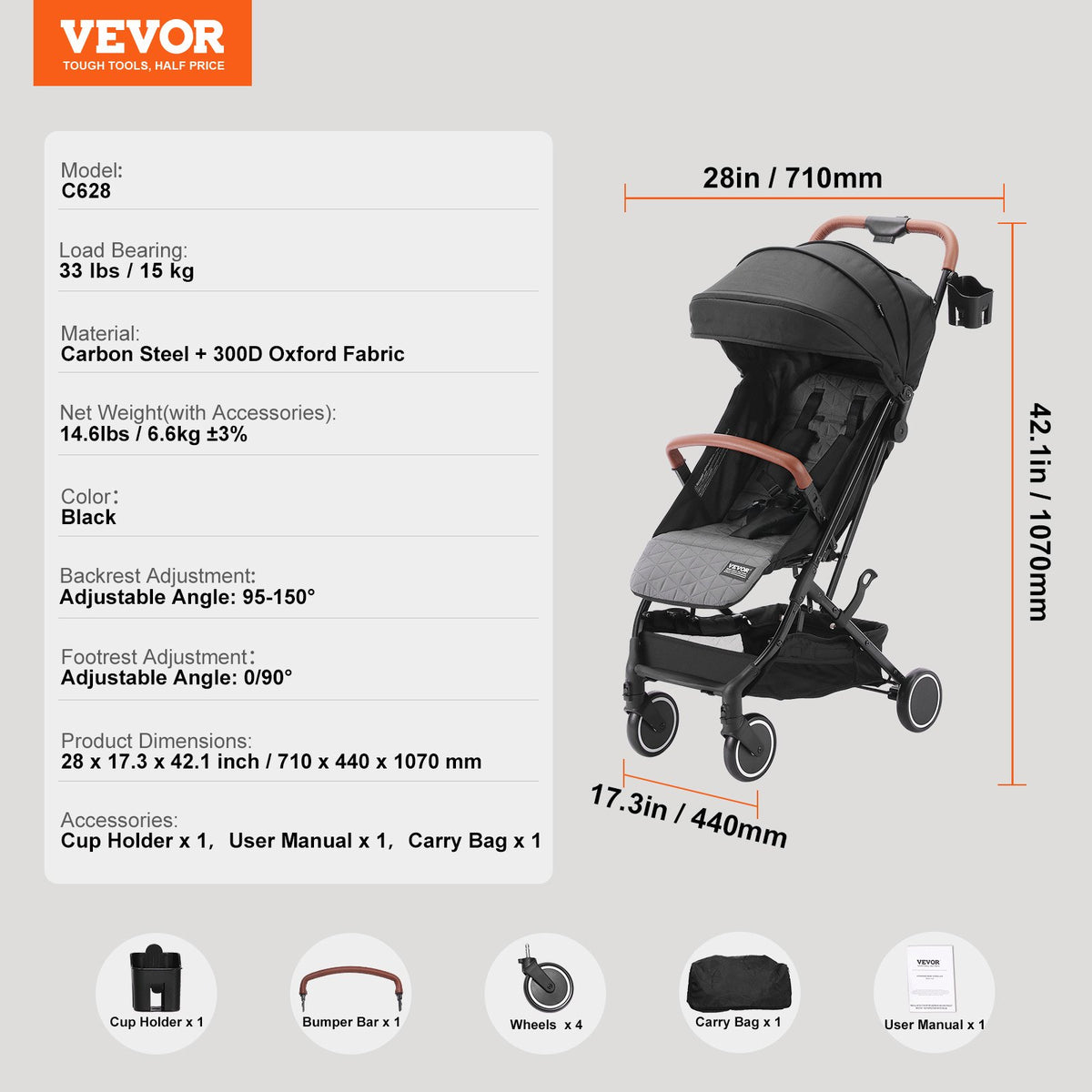 VEVOR Standard Baby Infant Stroller, Toddler Stroller with 95°-150° Adjustable Backrest & & 0/90°Adjustable Footrest & One-click Folding, Newborn Stroller with Cup Holder and Carry Bag, Black - BZYETCZYJCKH5DWWBV0 - view 8