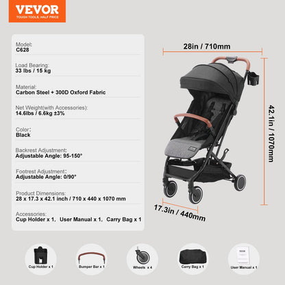 VEVOR Standard Baby Infant Stroller, Toddler Stroller with 95°-150° Adjustable Backrest & & 0/90°Adjustable Footrest & One-click Folding, Newborn Stroller with Cup Holder and Carry Bag, Black - BZYETCZYJCKH5DWWBV0 - view 8