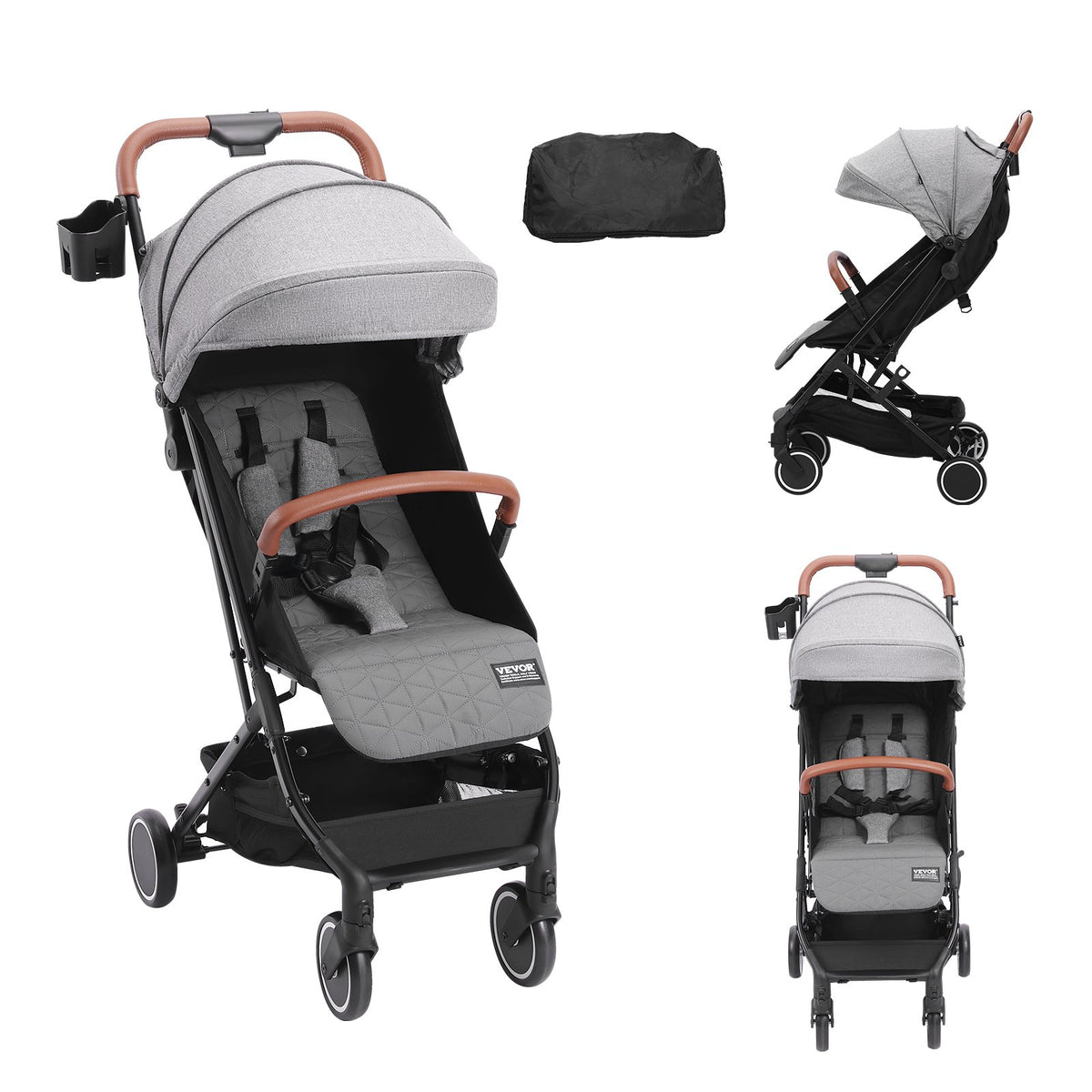 VEVOR Standard Baby Infant Stroller, Toddler Stroller with 95°-150° Adjustable Backrest & & 0/90°Adjustable Footrest & One-click Folding, Newborn Stroller with Cup Holder and Carry Bag, Dark Grey - BZYETCZYJCKSHR3WJV0 - view 1