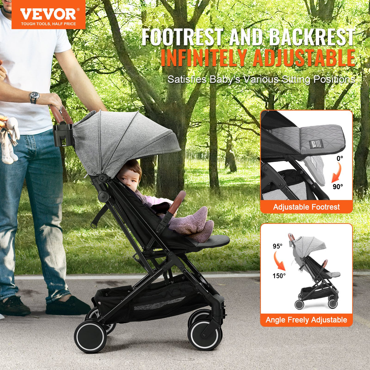 VEVOR Standard Baby Infant Stroller, Toddler Stroller with 95°-150° Adjustable Backrest & & 0/90°Adjustable Footrest & One-click Folding, Newborn Stroller with Cup Holder and Carry Bag, Dark Grey - BZYETCZYJCKSHR3WJV0 - view 3