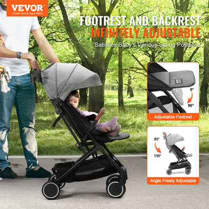 VEVOR Standard Baby Infant Stroller, Toddler Stroller with 95°-150° Adjustable Backrest & & 0/90°Adjustable Footrest & One-click Folding, Newborn Stroller with Cup Holder and Carry Bag, Dark Grey - BZYETCZYJCKSHR3WJV0 - view 3
