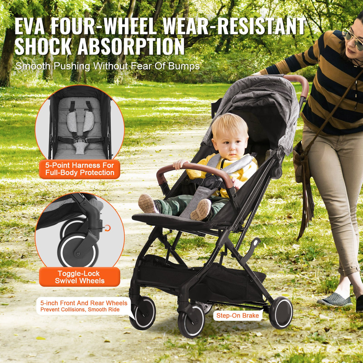 VEVOR Standard Baby Infant Stroller, Toddler Stroller with 95°-150° Adjustable Backrest & & 0/90°Adjustable Footrest & One-click Folding, Newborn Stroller with Cup Holder and Carry Bag, Dark Grey - BZYETCZYJCKSHR3WJV0 - view 5