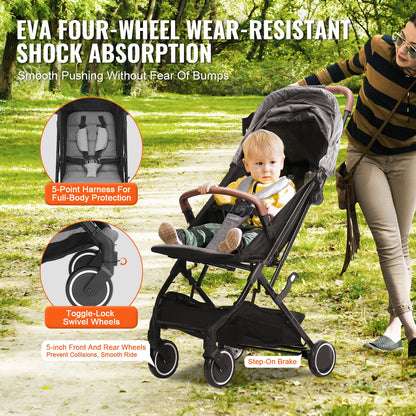 VEVOR Standard Baby Infant Stroller, Toddler Stroller with 95°-150° Adjustable Backrest & & 0/90°Adjustable Footrest & One-click Folding, Newborn Stroller with Cup Holder and Carry Bag, Dark Grey - BZYETCZYJCKSHR3WJV0 - view 5