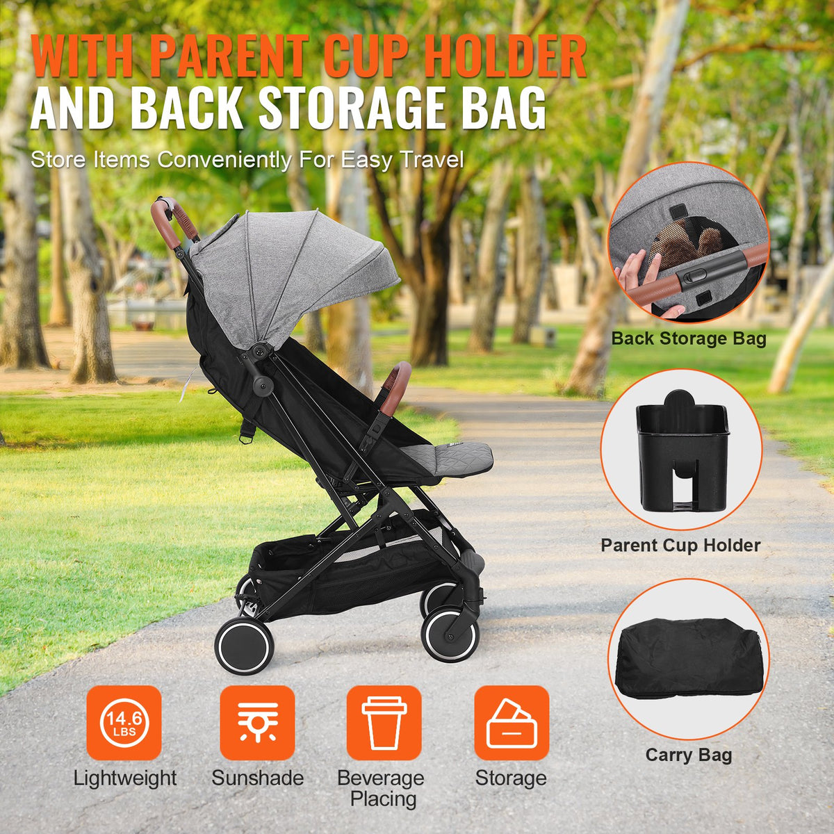 VEVOR Standard Baby Infant Stroller, Toddler Stroller with 95°-150° Adjustable Backrest & & 0/90°Adjustable Footrest & One-click Folding, Newborn Stroller with Cup Holder and Carry Bag, Dark Grey - BZYETCZYJCKSHR3WJV0 - view 7