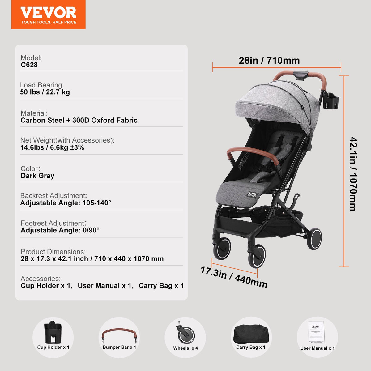 VEVOR Standard Baby Infant Stroller, Toddler Stroller with 95°-150° Adjustable Backrest & & 0/90°Adjustable Footrest & One-click Folding, Newborn Stroller with Cup Holder and Carry Bag, Dark Grey - BZYETCZYJCKSHR3WJV0 - view 8