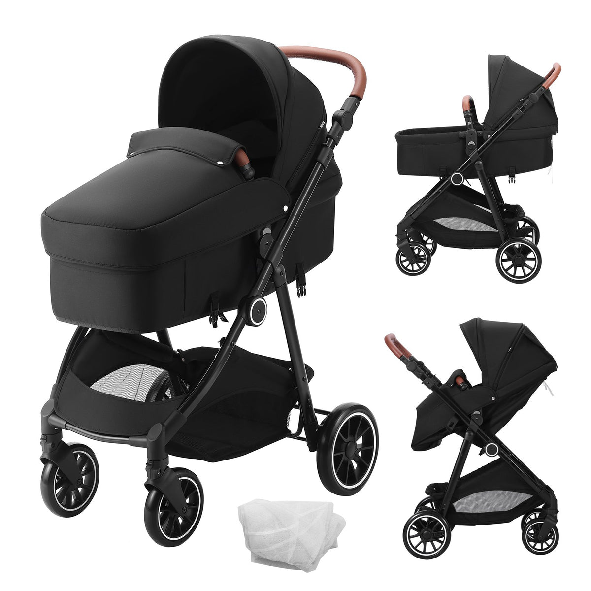 VEVOR Standard Baby Stroller, Infant Toddler Stroller with Bassinet, 3rd-Gear Adjustable Backrest & Foldable & Reversible Seat, Carbon Steel Newborn Stroller with Leg Cover and Mesh Net, Black - BZYETCZYZYLHKUX86V0 - view 1