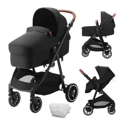 VEVOR Standard Baby Stroller, Infant Toddler Stroller with Bassinet, 3rd-Gear Adjustable Backrest & Foldable & Reversible Seat, Carbon Steel Newborn Stroller with Leg Cover and Mesh Net, Black - BZYETCZYZYLHKUX86V0 - view 2
