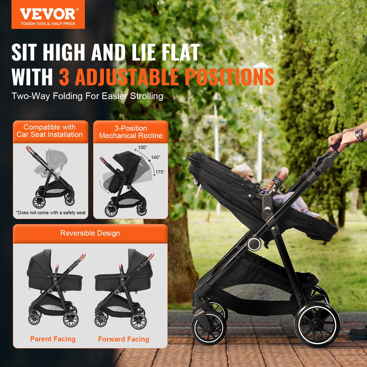 VEVOR Standard Baby Stroller, Infant Toddler Stroller with Bassinet, 3rd-Gear Adjustable Backrest & Foldable & Reversible Seat, Carbon Steel Newborn Stroller with Leg Cover and Mesh Net, Black - BZYETCZYZYLHKUX86V0 - view 3