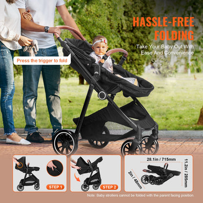 VEVOR Standard Baby Stroller, Infant Toddler Stroller with Bassinet, 3rd-Gear Adjustable Backrest & Foldable & Reversible Seat, Carbon Steel Newborn Stroller with Leg Cover and Mesh Net, Black - BZYETCZYZYLHKUX86V0 - view 4