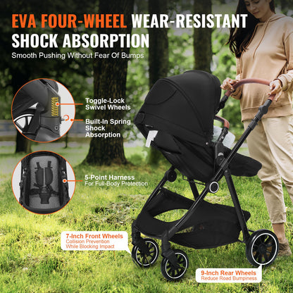 VEVOR Standard Baby Stroller, Infant Toddler Stroller with Bassinet, 3rd-Gear Adjustable Backrest & Foldable & Reversible Seat, Carbon Steel Newborn Stroller with Leg Cover and Mesh Net, Black - BZYETCZYZYLHKUX86V0 - view 5