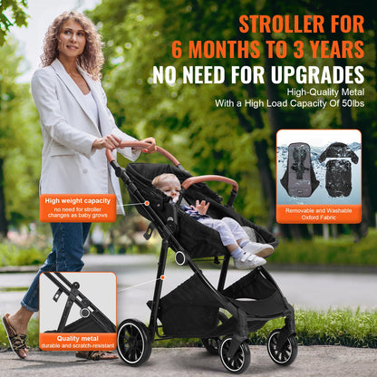 VEVOR Standard Baby Stroller, Infant Toddler Stroller with Bassinet, 3rd-Gear Adjustable Backrest & Foldable & Reversible Seat, Carbon Steel Newborn Stroller with Leg Cover and Mesh Net, Black - BZYETCZYZYLHKUX86V0 - view 6