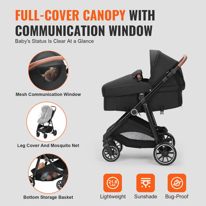 VEVOR Standard Baby Stroller, Infant Toddler Stroller with Bassinet, 3rd-Gear Adjustable Backrest & Foldable & Reversible Seat, Carbon Steel Newborn Stroller with Leg Cover and Mesh Net, Black - BZYETCZYZYLHKUX86V0 - view 7