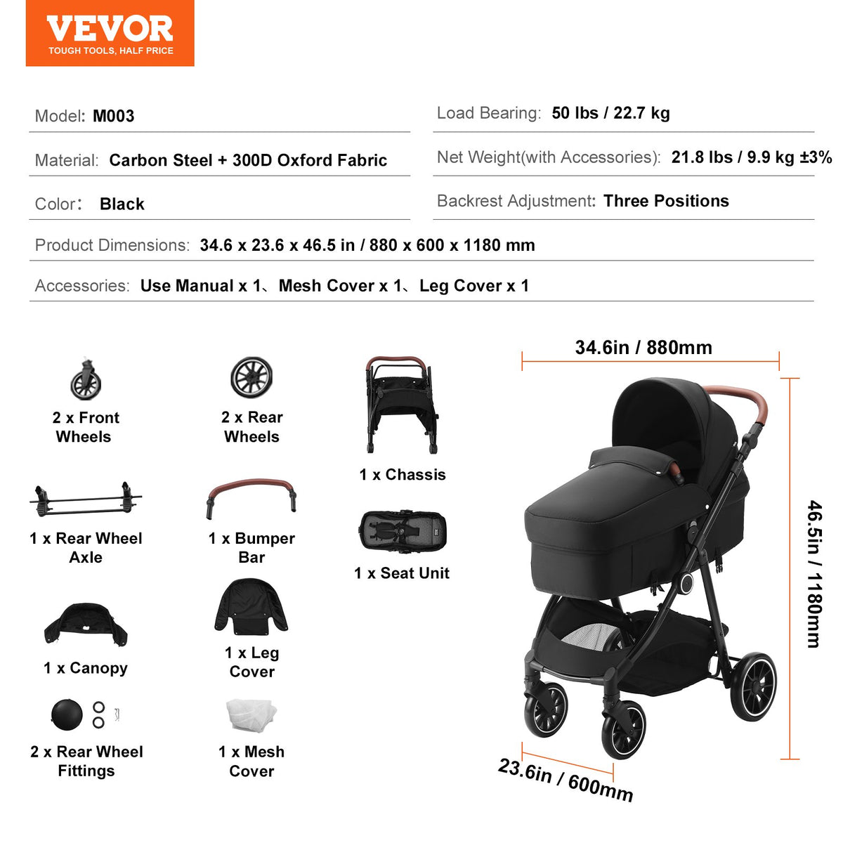 VEVOR Standard Baby Stroller, Infant Toddler Stroller with Bassinet, 3rd-Gear Adjustable Backrest & Foldable & Reversible Seat, Carbon Steel Newborn Stroller with Leg Cover and Mesh Net, Black - BZYETCZYZYLHKUX86V0 - view 8