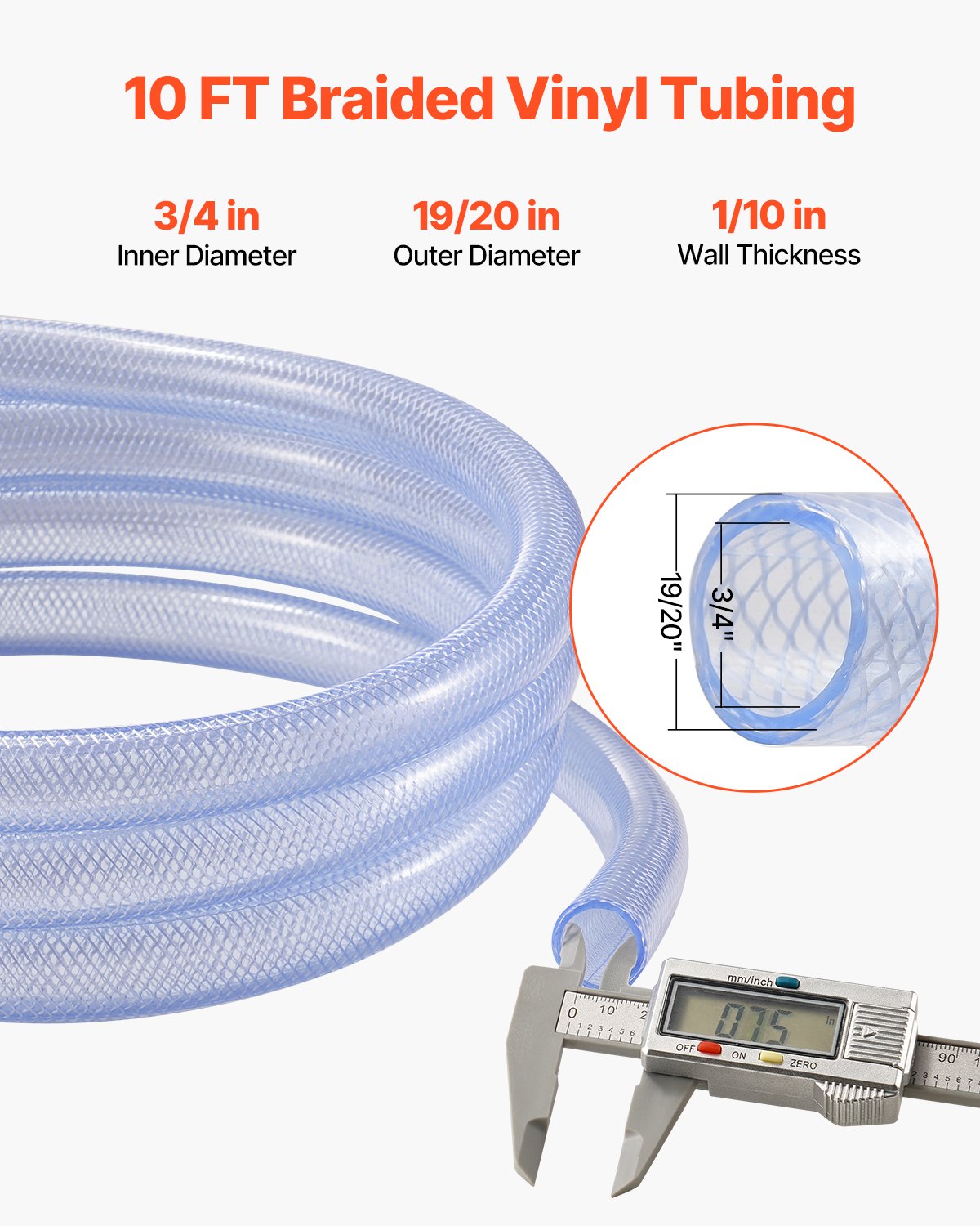 VEVOR Braided Clear Vinyl Tubing, 3/4" ID x 19/20" OD, 10FT Plastic PVC Tubing, Flexible and Cuttable Clear Hose, 1/10 in Wall Thickness, High-strength PVC Material for Aquarium Irrigation Swimming - BZYXG34INCH1ETCOUV0 - view 3