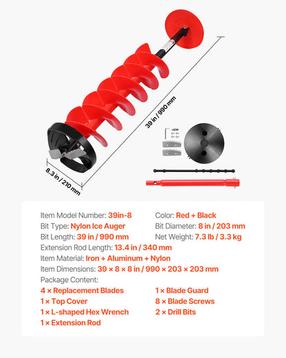 VEVOR Ice Auger Drill Bit, 8in Diameter 39in Length, Cordless Nylon Ice Fishing Augers With Extra 13.4in Extension Rod, Drill Adapter, Top Plate and Blade Guard - BZZT8YC39INCG1MH5001V0 - view 8