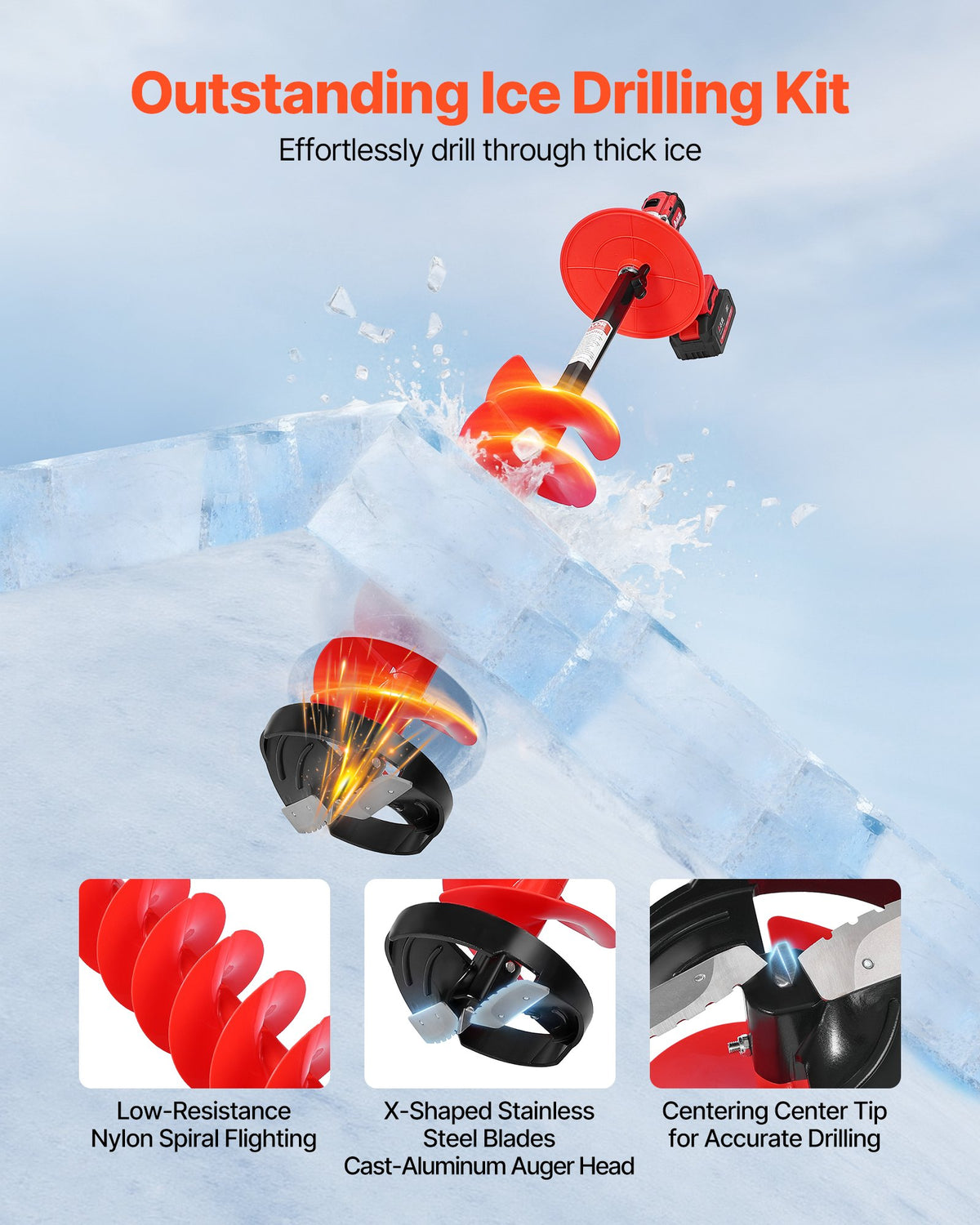 VEVOR Ice Auger Drill Bit, 8in Diameter 41in Length, Cordless Nylon Ice Fishing Augers With Extra 13.4in Extension Rod, Drill Adapter, Top Plate and Blade Guard - BZZT8YC41INCOJRYP001V0 - view 4