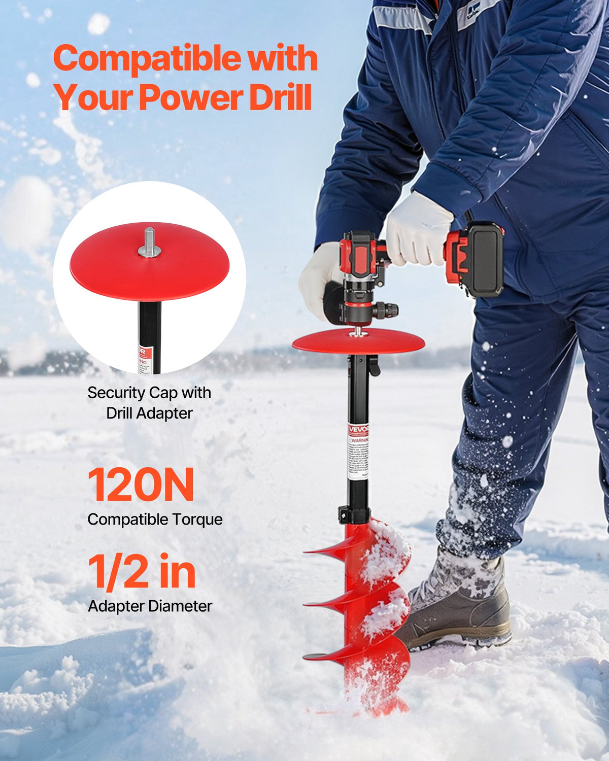 VEVOR Ice Auger Drill Bit, 8in Diameter 41in Length, Cordless Nylon Ice Fishing Augers With Extra 13.4in Extension Rod, Drill Adapter, Top Plate and Blade Guard - BZZT8YC41INCOJRYP001V0 - view 5