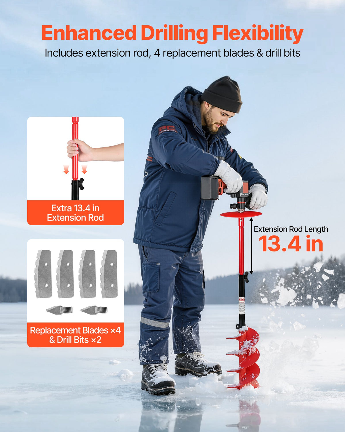 VEVOR Ice Auger Drill Bit, 8in Diameter 41in Length, Cordless Nylon Ice Fishing Augers With Extra 13.4in Extension Rod, Drill Adapter, Top Plate and Blade Guard - BZZT8YC41INCOJRYP001V0 - view 6