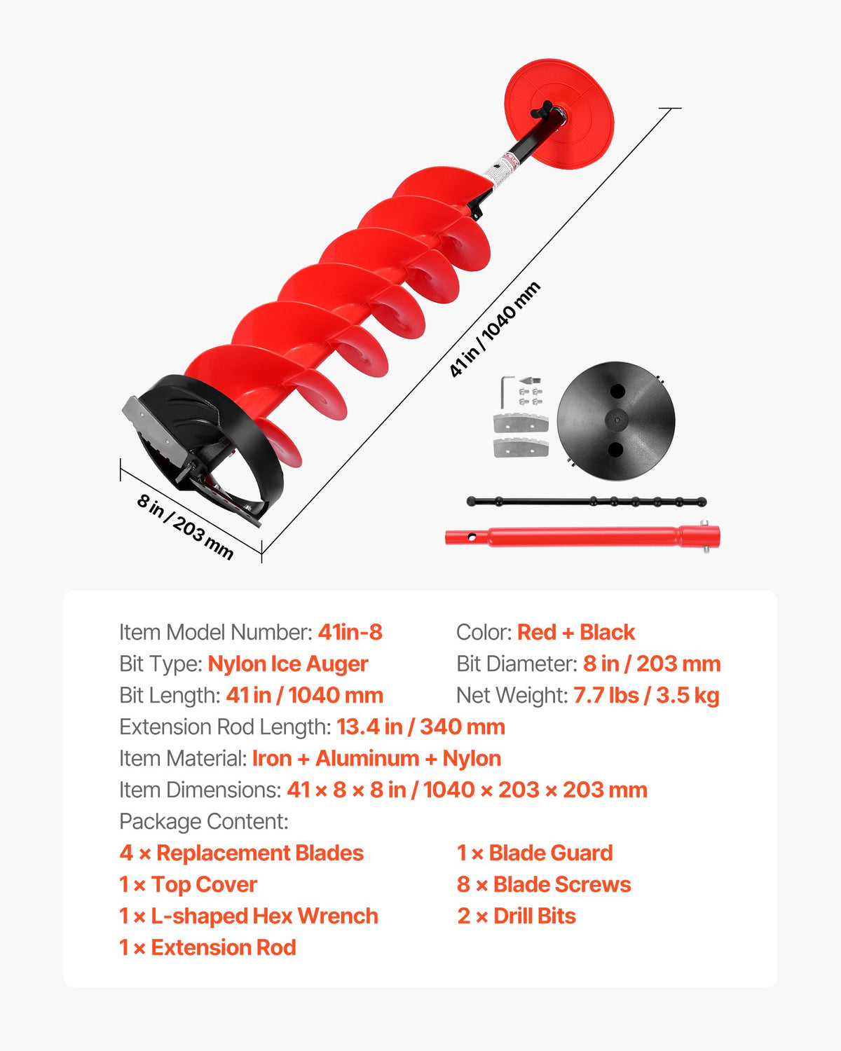 VEVOR Ice Auger Drill Bit, 8in Diameter 41in Length, Cordless Nylon Ice Fishing Augers With Extra 13.4in Extension Rod, Drill Adapter, Top Plate and Blade Guard - BZZT8YC41INCOJRYP001V0 - view 8