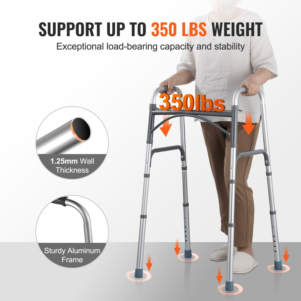 VEVOR Folding Walker, 2-Button Folding Walkers with 8-Level Adjustable Height and Durable Handles, Lightweight Aluminum Mobility Walker Aid for Elderly Handicapped Disabled, Up to 350 Pounds - BZZXCL00000025HS1V0 - view 4